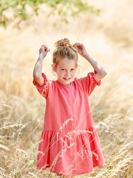 Robe boutonnée en gaze de coton bleu grisé+écru+rouge 12 - vertbaudet enfant 