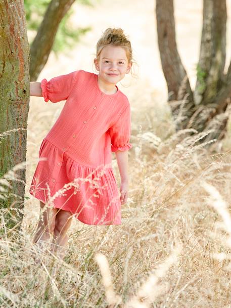 Robe boutonnée en gaze de coton bleu grisé+écru+rouge 11 - vertbaudet enfant 