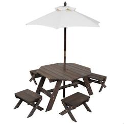 Chambre et rangement-Mobilier de jardin-KidKraft - Ensemble de Tabourets, Parasol et Table octogonale en Bois pour Enfant – Marron et Beige