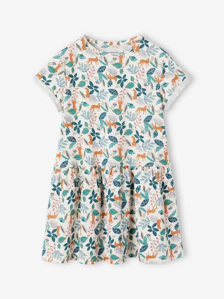 Robe Basics imprimée fille manches courtes blanc imprimé+écru+rayé bleu+rose+rose pâle+rose poudré+vert émeraude+vert foncé imprimé tropical 1 - vertbaudet enfant 