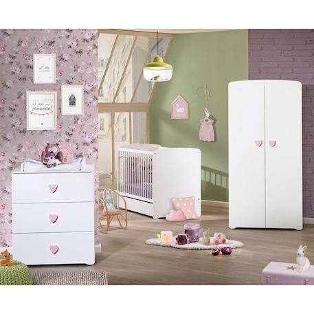 Commode à langer - Babyprice - Basic - 3 tiroirs - En bois - Boutons cœur rose BLANC 3 - vertbaudet enfant 