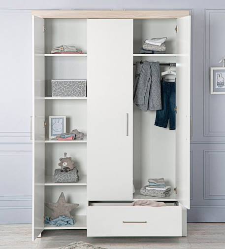 ROBA Armoire Bébé 3 Portes Lucy - avec 1 Penderie 5 Étagères et 1 Tiroir - Garde-Robe Bébé - Blanc Canadien / Décor Bois BLANC 2 - vertbaudet enfant 