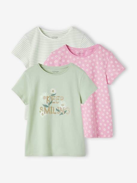 Lot de 3 t-shirts Basics détails irisés fille framboise+jaune pastel+lot camel+lot encre+vert sauge 32 - vertbaudet enfant 