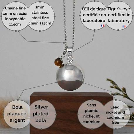 Bola de grossesse argent lisse pierre naturelle avec chaîne - Lithothérapie Œil du Tigre Marron - plaquée argent - coffret cadeau MARRON 4 - vertbaudet enfant 