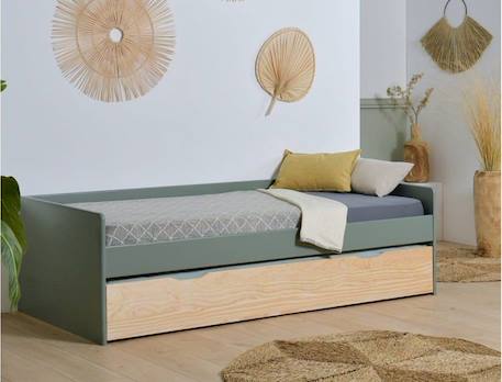 Lit banquette gigogne en pin massif LANDES - Kaki/Bois MULTICOLORE 2 - vertbaudet enfant 