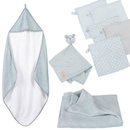 Bébé-Ensemble-ROBA Coffret Bébé Lil Planet - 8 PCS - 1 Cape de Bain + 5 Gants de Toilette + 1 Doudou + 1 Couverture - Bleu clair / Gris