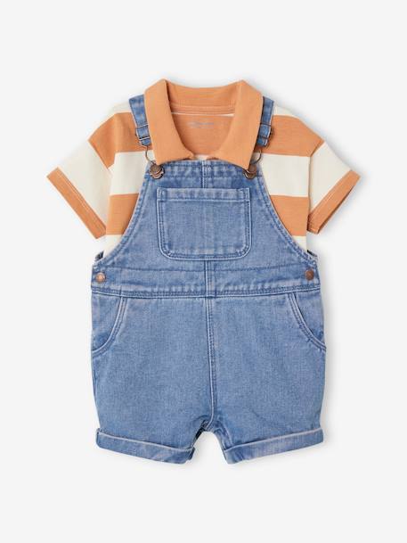 Ensemble bébé salopette courte en denim et son polo rayé  - vertbaudet enfant