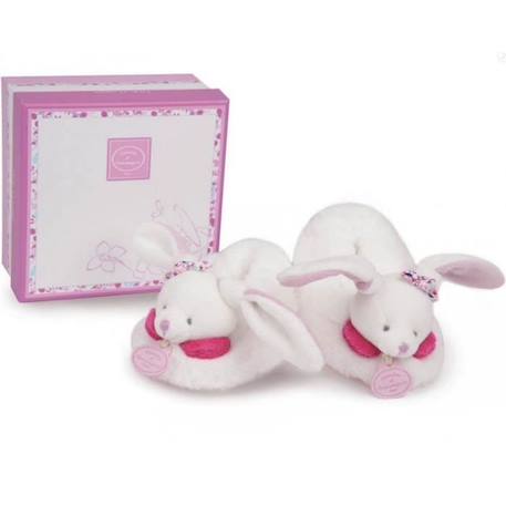 Chaussons hochet 6-12 mois - DOUDOU ET COMPAGNIE - Cerise le lapin - Blanc et rose - Effet polaire ROSE 1 - vertbaudet enfant 