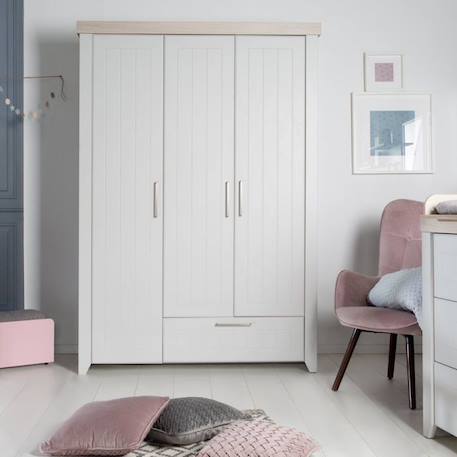 Armoire Bébé Helene - ROBA - 3 Portes Battantes - Penderie, Tiroir et 5 Étagères - Gris Clair / Décor Bois GRIS 2 - vertbaudet enfant 