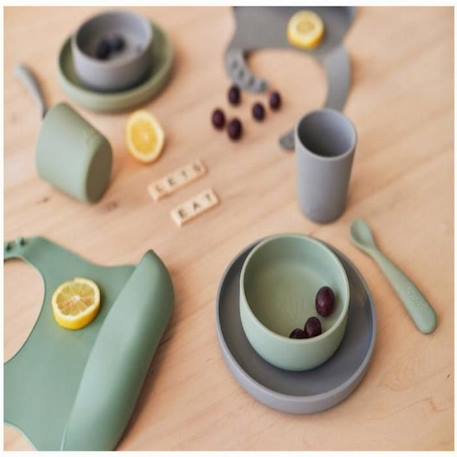 Coffret de table bébé Silicone Vert Cendré (4pcs) - Set vaisselle - Assiette Verre Couverts VERT 4 - vertbaudet enfant 