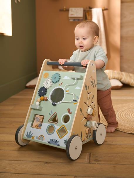 Chariot de marche avec freins en bois FSC® bois+rose+rose+Vert 4 - vertbaudet enfant 