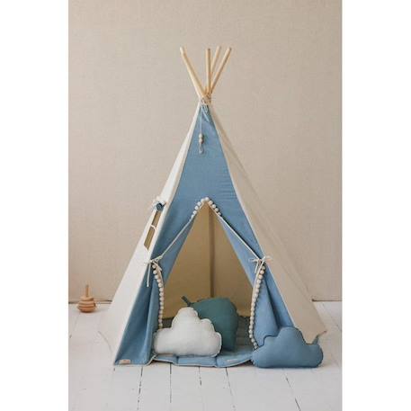 Tente tipi enfant Moi Mili Jeans - Bleu - TU avec fenêtre et pompons BLEU 3 - vertbaudet enfant 