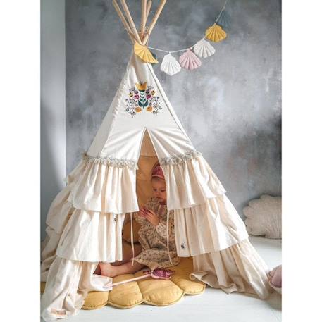 Tente tipi enfant Moi Mili Folk Honey - beige/ jaune - froufrous et tapis de coquillages ou tapis de feuilles BEIGE 2 - vertbaudet enfant 