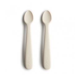 Puériculture-Lot de 2 cuillères bébé silicone Ivoire - Apprentissage repas - Mushie