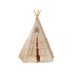 Jouet-Tente tipi enfant Moi Mili Folk Honey - beige/ jaune - froufrous et tapis de coquillages ou tapis de feuilles