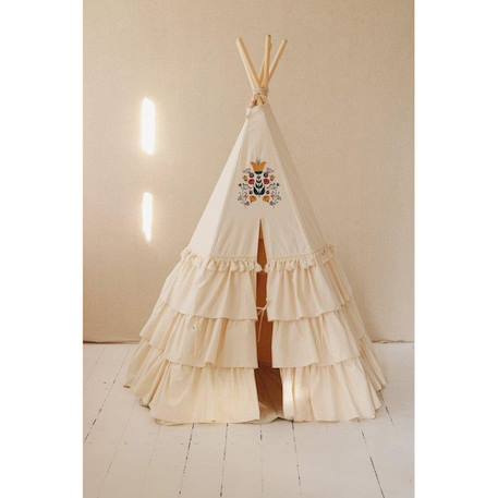 Tente tipi enfant Moi Mili Folk Honey - beige/ jaune - froufrous et tapis de coquillages ou tapis de feuilles BEIGE 4 - vertbaudet enfant 