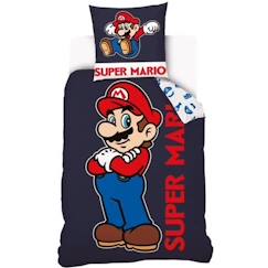 Linge de maison et décoration-Linge de lit enfant-Housse de couette-MARIO - Housse de couette Super Mario 140x200 cm + 1 Taie D'Oreiller 63x63 cm - 100% Coton - Bleu Marine