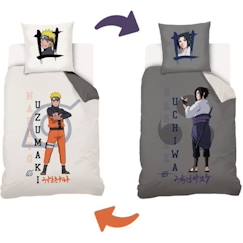 Linge de maison et décoration-Linge de lit enfant-Naruto - Housse De Couette Réversible Naruto & Sasuke 140x200 cm + 1 Taie d'oreiller 63x63 cm - Ecru/Gris