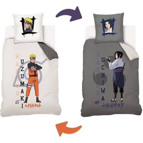 Naruto - Housse De Couette Réversible Naruto & Sasuke 140x200 cm + 1 Taie d'oreiller 63x63 cm - Ecru/Gris BEIGE 1 - vertbaudet enfant 