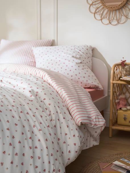 Pack housse de couette + taie d'oreiller essentiels Réversible FLEURS RAYURES, avec coton recyclé rose imprimé 6 - vertbaudet enfant 