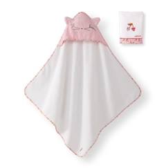 Serviette De Bain A Capuche 80x80 cm + Gant De Toilette Escapade Kawaii 15x21 cm - 100% Coton - 400 GSM - Blanc Et Rose  - vertbaudet enfant