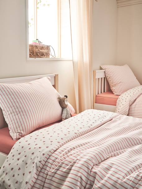 Pack housse de couette + taie d'oreiller essentiels Réversible FLEURS RAYURES, avec coton recyclé rose imprimé 7 - vertbaudet enfant 