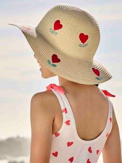 -Chapeau forme capeline aspect paille à coeurs fille