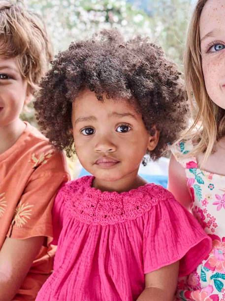 Blouse en gaze de coton bébé encolure en crochet fuchsia 1 - vertbaudet enfant 