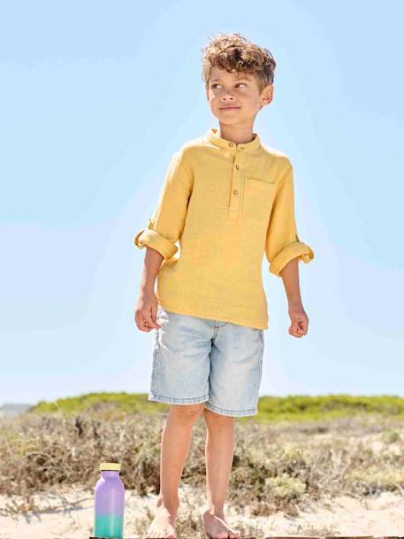 Chemise en gaze de coton personnalisable garçon manches retroussables Bleu moyen+écru+jaune+vert 20 - vertbaudet enfant 