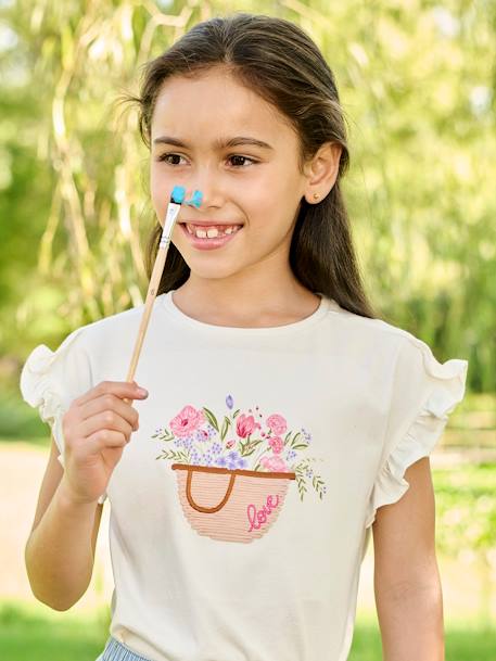 Fille-T-shirt, sous-pull-T-shirt-Tee-shirt brodé fille manches courtes à volants