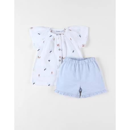 Bébé-Ensemble blouse brodé fleuri + short écru/bleu ciel