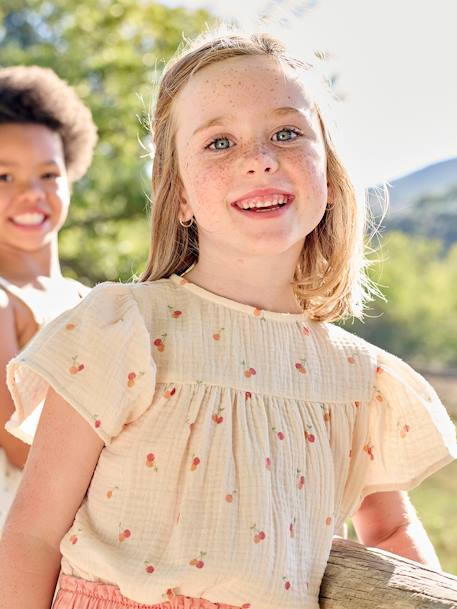 Blouse en gaze de coton bio fille manches papillon écru+rose 1 - vertbaudet enfant 