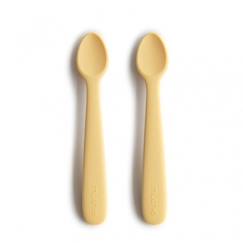 Puériculture-Lot de 2 cuillères bébé silicone Jaune - Apprentissage repas - Mushie