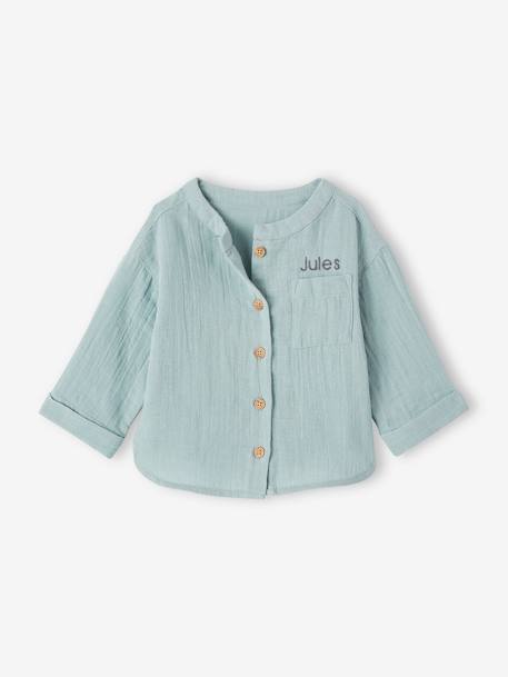 Chemise col mao bébé en gaze de coton personnalisable bleu grisé+caramel+vert foncé 4 - vertbaudet enfant 