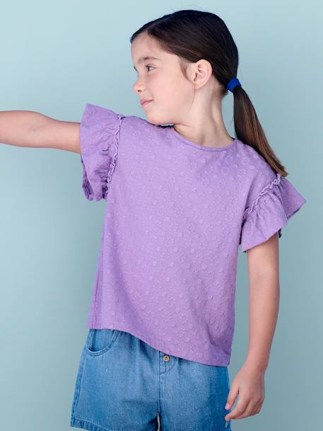 Fille-T-shirt, sous-pull-Tee-shirt brodé fleurs fille manches à volant