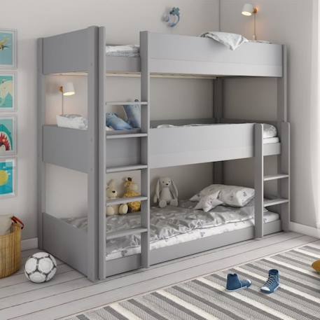 Lit superposé triple et matelas en pin gris 90x200 Leopold GRIS 1 - vertbaudet enfant 