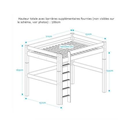 Lit mezzanine barrières hautes en pin blanc 140x200 Lilja BLANC 3 - vertbaudet enfant 