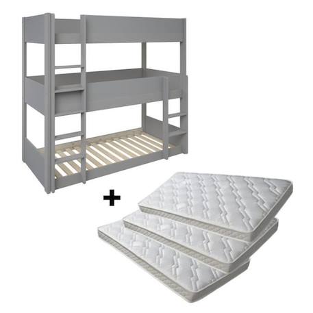 Lit superposé triple et matelas en pin gris 90x200 Leopold GRIS 2 - vertbaudet enfant 