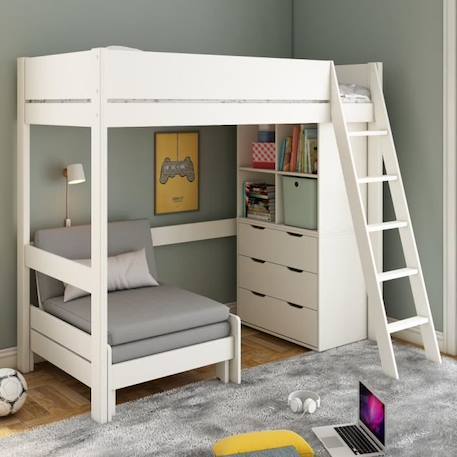 Lit mezzanine avec rangements et chauffeuse en pin blanc 90x190 Colette BLANC 1 - vertbaudet enfant 