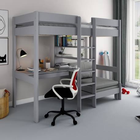 Lit mezzanine avec bureau et chauffeuse en pin gris 90x200 Basile GRIS 1 - vertbaudet enfant 