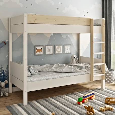 Lit superposé avec matelas en pin blanc et bois 90x200 H174 Achille BLANC 1 - vertbaudet enfant 