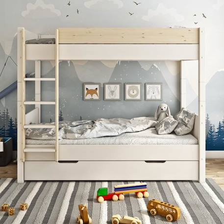 Lit superposé avec matelas en pin blanc et bois 90x200 H174 Achille BLANC 3 - vertbaudet enfant 