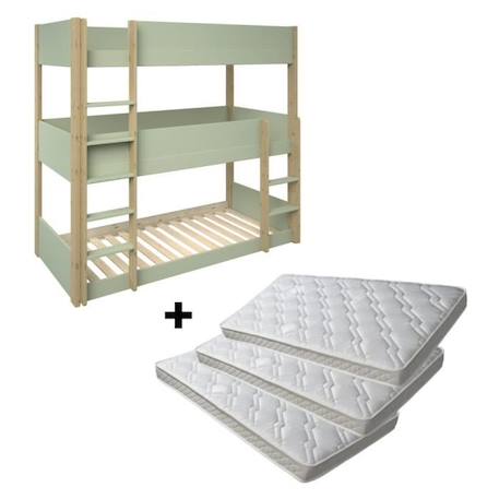 Lit superposé triple et matelas en pin vert 90x200 Leopold VERT 2 - vertbaudet enfant 