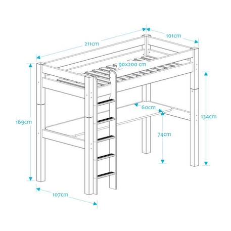 Lit mezzanine échelle droite et bureau en pin blanc 90x200 Lilja BLANC 3 - vertbaudet enfant 