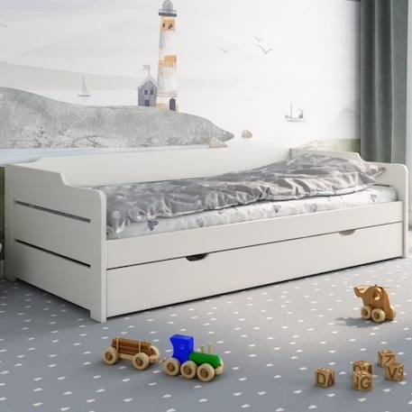 Lit avec lit gigogne et matelas en pin blanc 90x200 Arthur BLANC 1 - vertbaudet enfant 