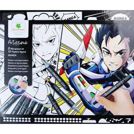 Coffret créatif manga garçon - Sycomore - 10 papiers layout imprimés avec 8 marqueurs NOIR 3 - vertbaudet enfant 