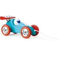 Jouet-Jeux d'imagination-Véhicules, garages, circuits et trains-Voiture de course à trainer turquoise-rouge - VILAC - Bolide en bois pour enfant