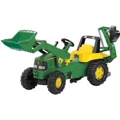 Jouet-Jeux de plein air-Tractopelle à pédales JOHN DEERE Rolly Junior - Chargeur frontal et pelleteuse fonctionnels - Vert/Orange