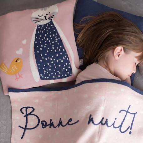 Taie de coussin en tricot de coton - SEVIRA KIDS - Chaton - Rose - Carré ROSE 2 - vertbaudet enfant 