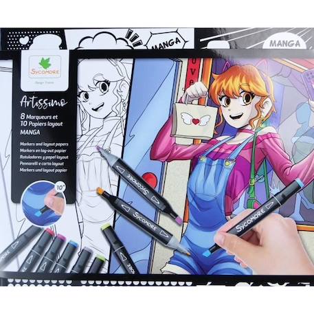 Coffret créatif manga fille - Sycomore - 10 papiers layout imprimés avec 8 marqueurs NOIR 5 - vertbaudet enfant 